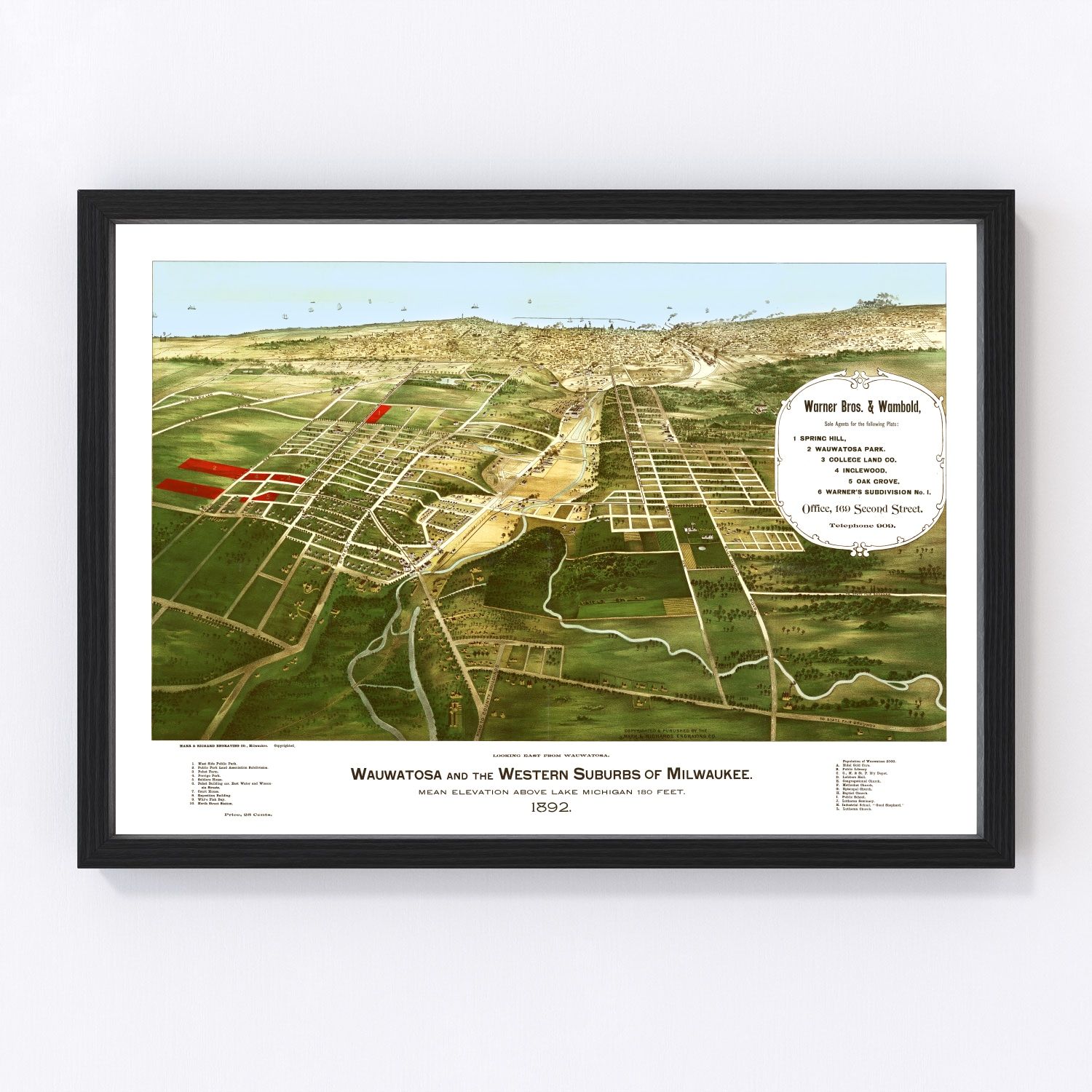 Vintage map of Wauwatosa, Wisconsin, 1892, Milwaukee suburb and Menomonee River