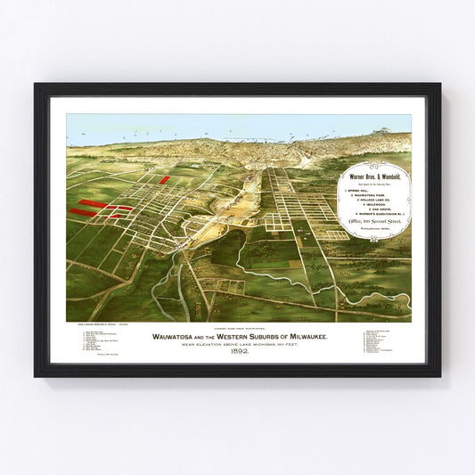 Vintage map of Wauwatosa, Wisconsin, 1892, Milwaukee suburb and Menomonee River