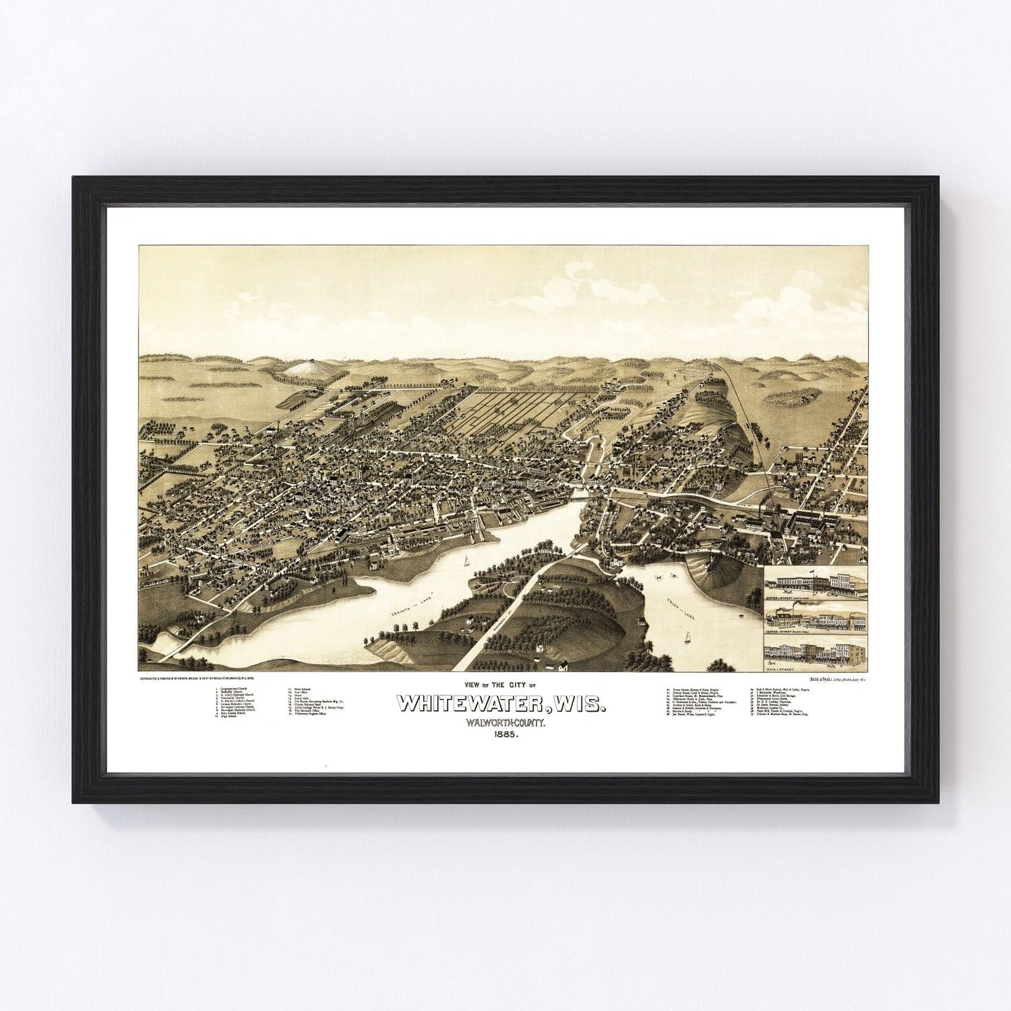 Vintage map of Whitewater, Wisconsin, 1885 - Walworth County restored print