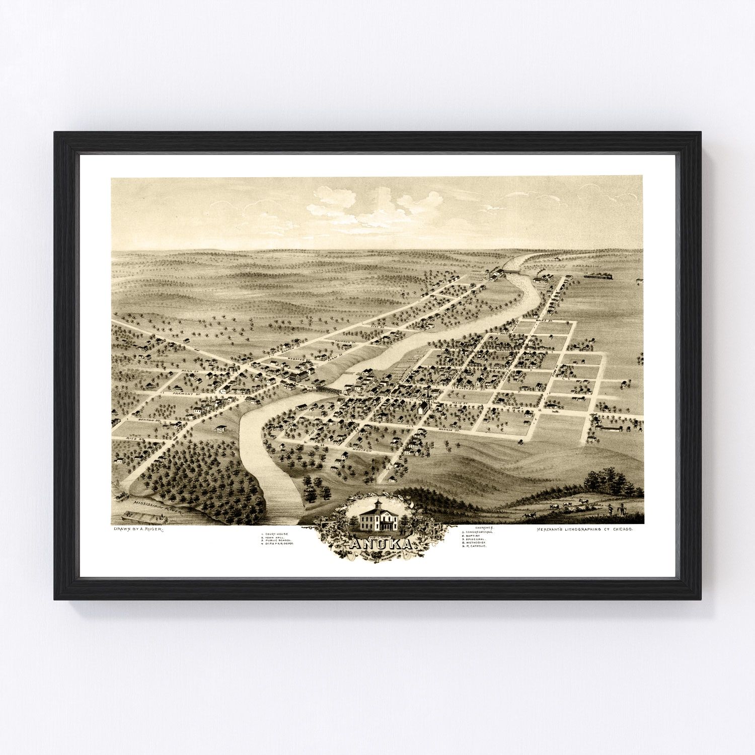 Restored vintage map of Anoka, Minnesota, 1869