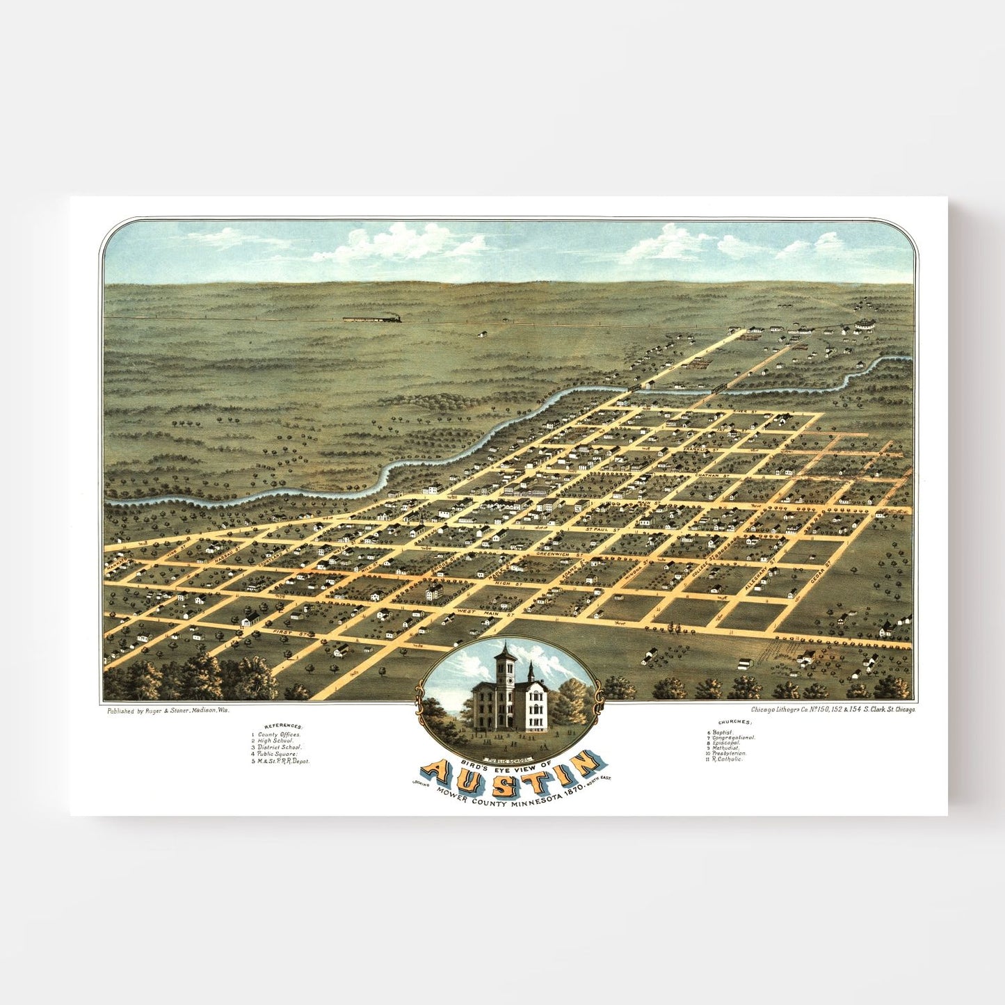 Vintage Map of Austin, Minnesota, 1870