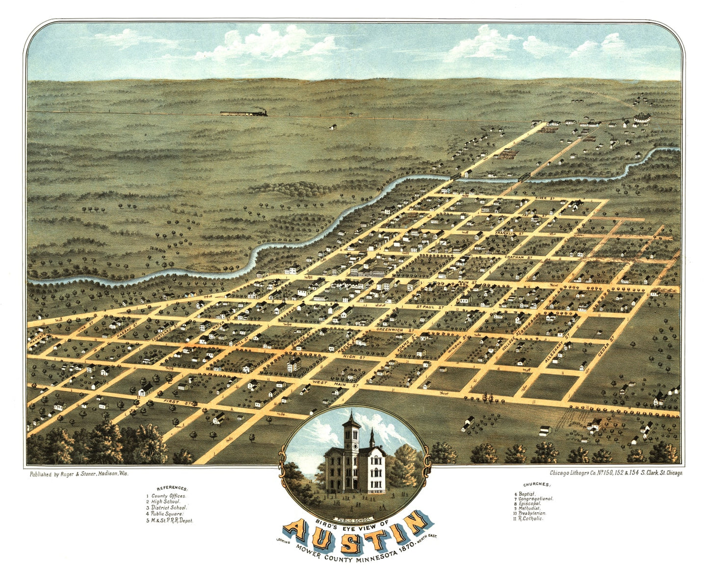 Vintage Map of Austin, Minnesota, 1870