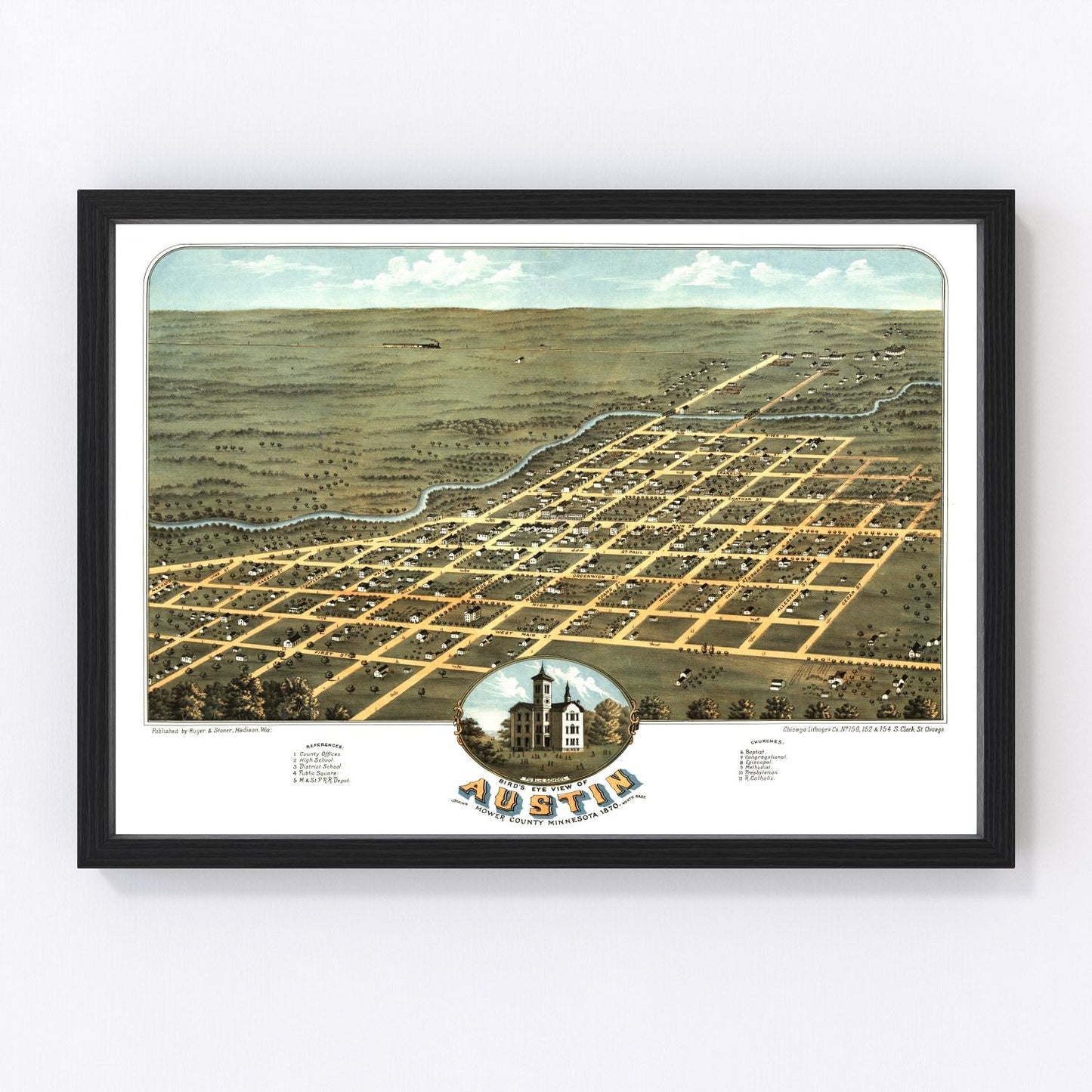 Vintage map of Austin, Minnesota, 1870, Mower County restored print