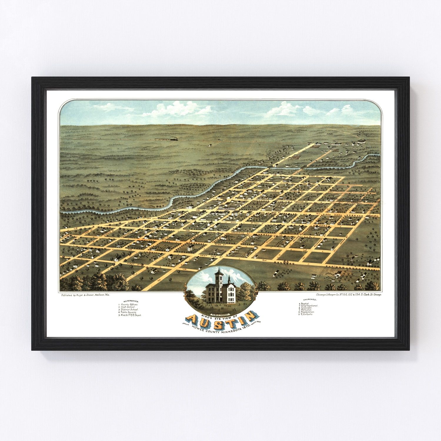 Vintage map of Austin, Minnesota, 1870, Mower County restored print