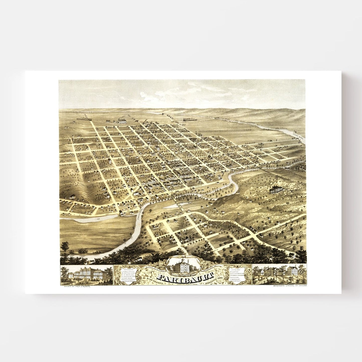 Vintage Map of Faribault, Minnesota, 1869