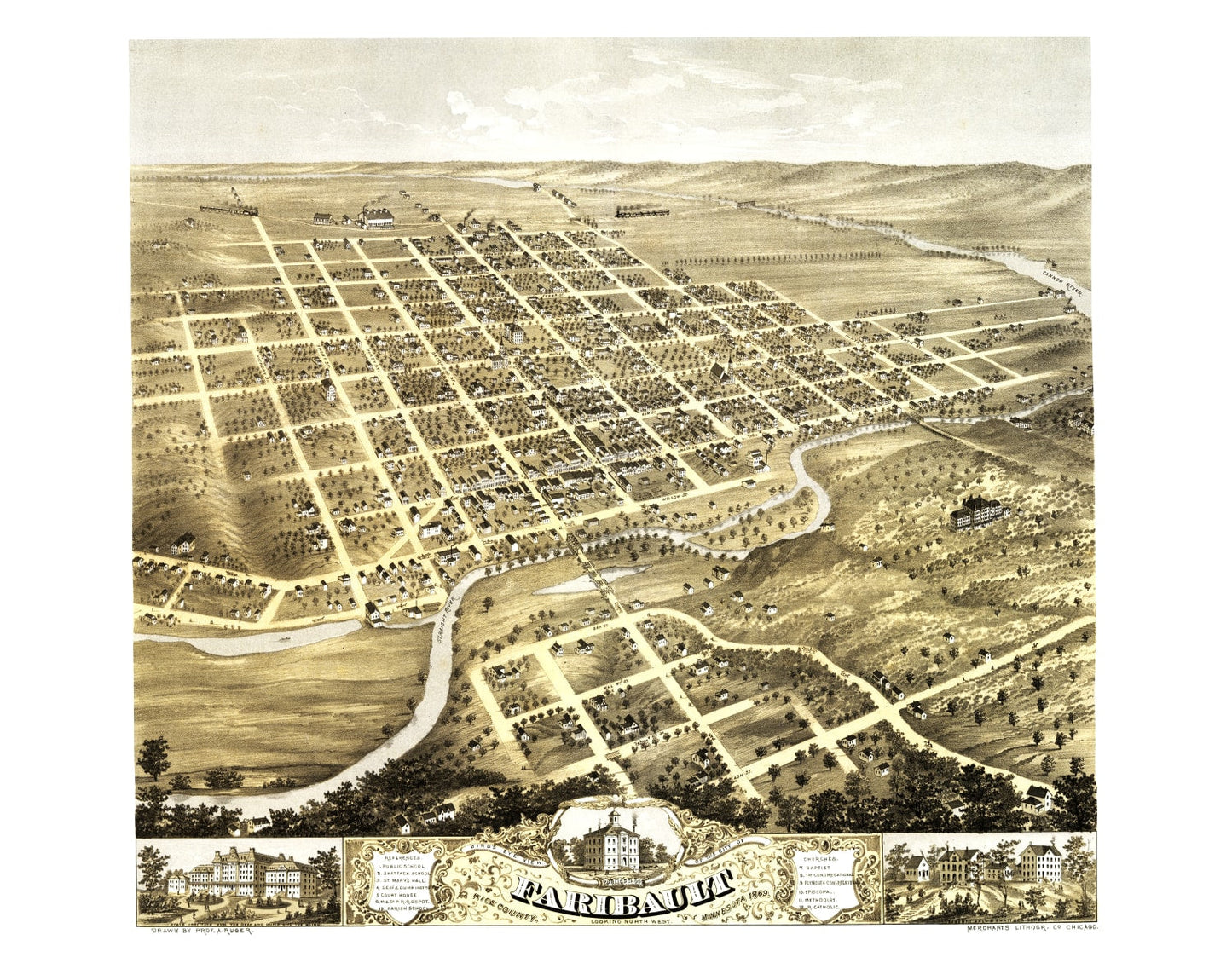 Vintage Map of Faribault, Minnesota, 1869