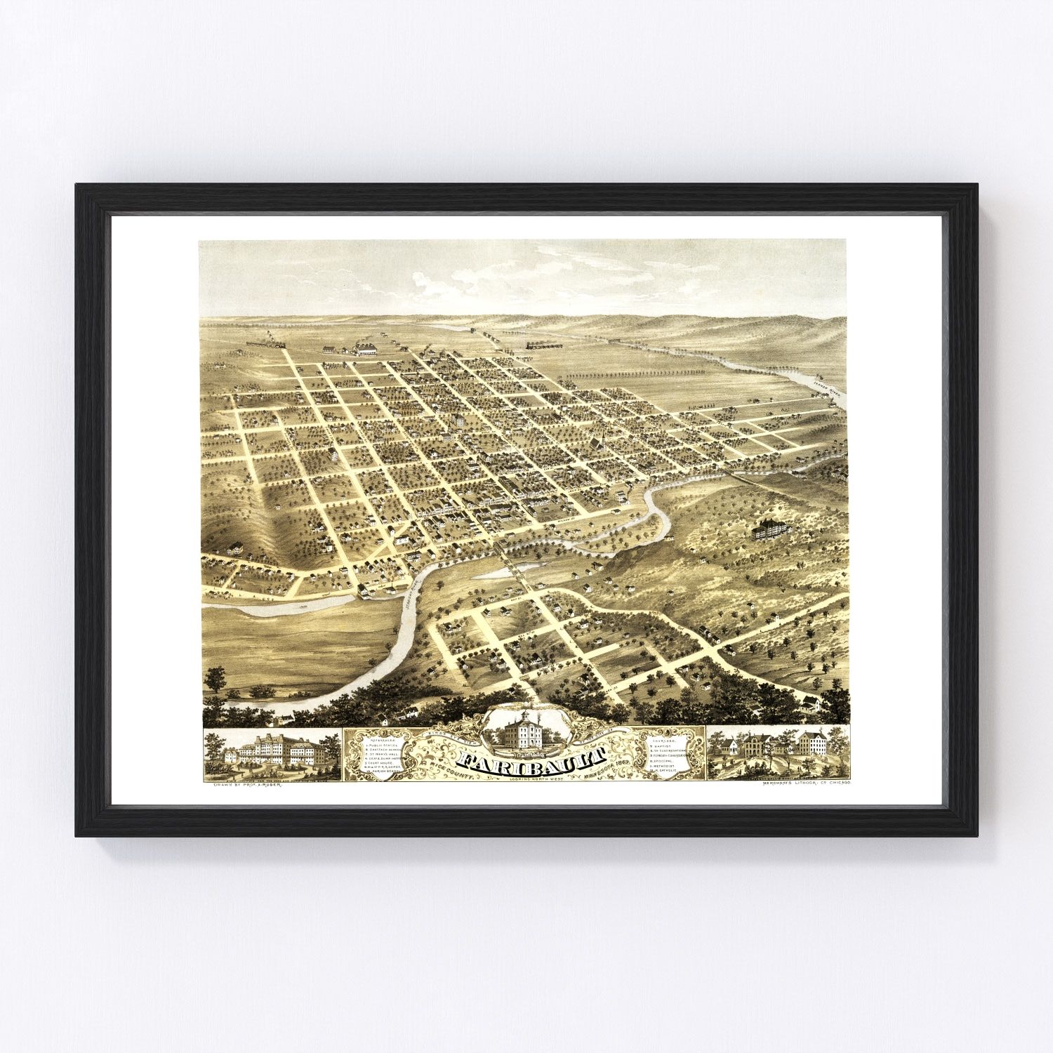 vintage map of Faribault, Minnesota, 1869