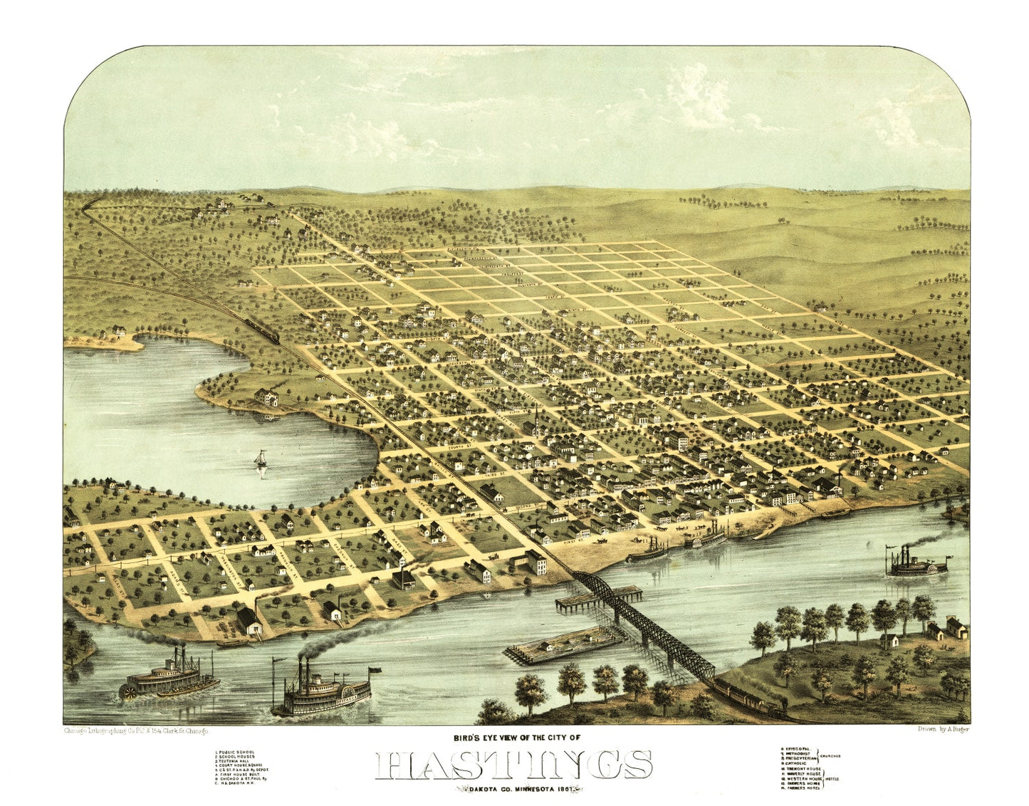 Vintage Map of Hastings, Minnesota, 1867