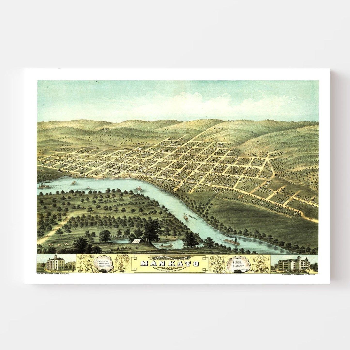 Vintage Map of Mankato, Minnesota, 1870