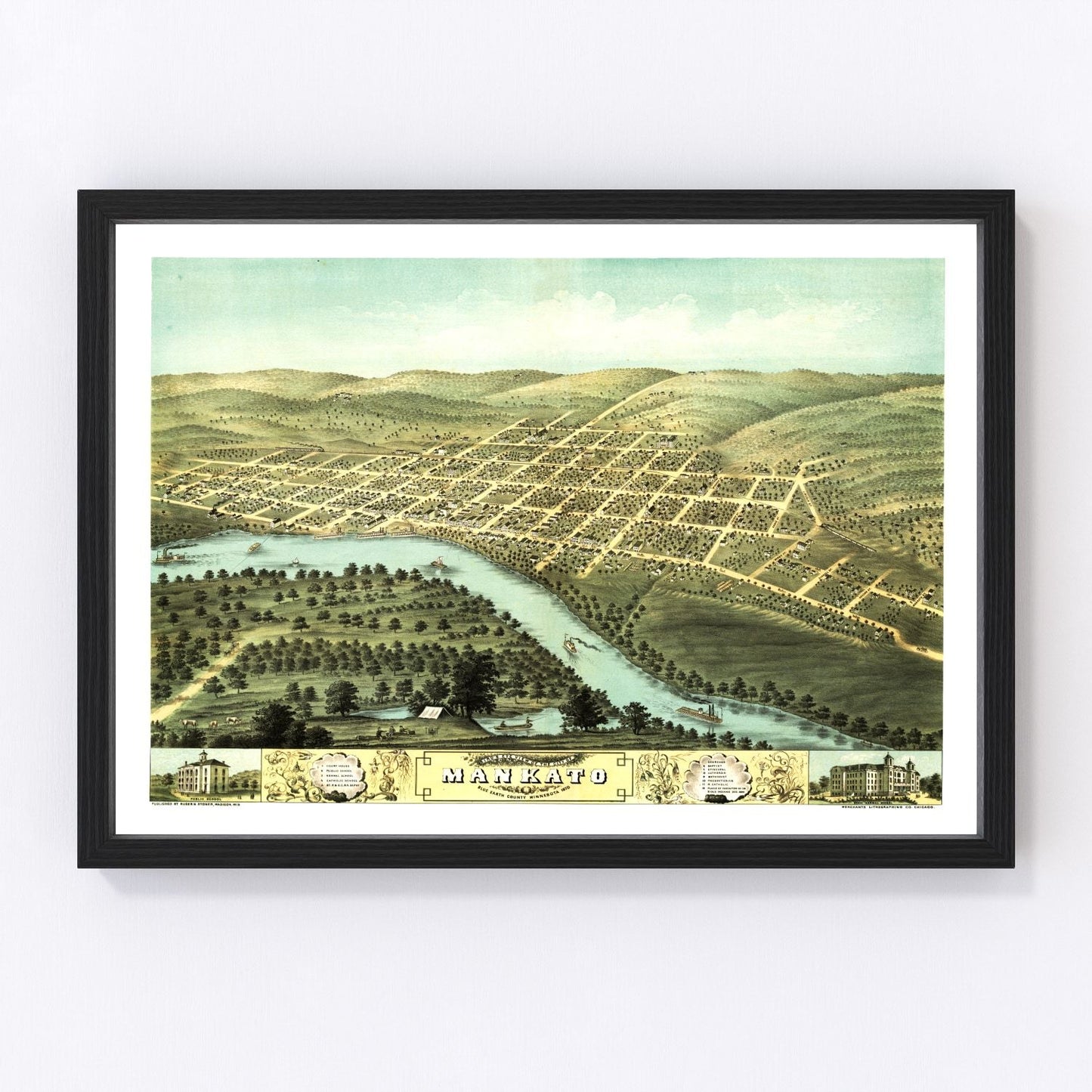 Vintage map of Mankato, Minnesota, 1870