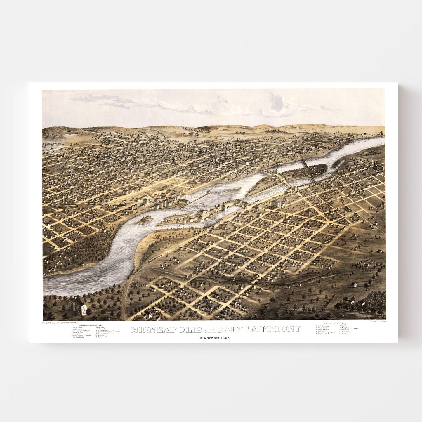 Vintage Map of Minneapolis, Minnesota, 1867