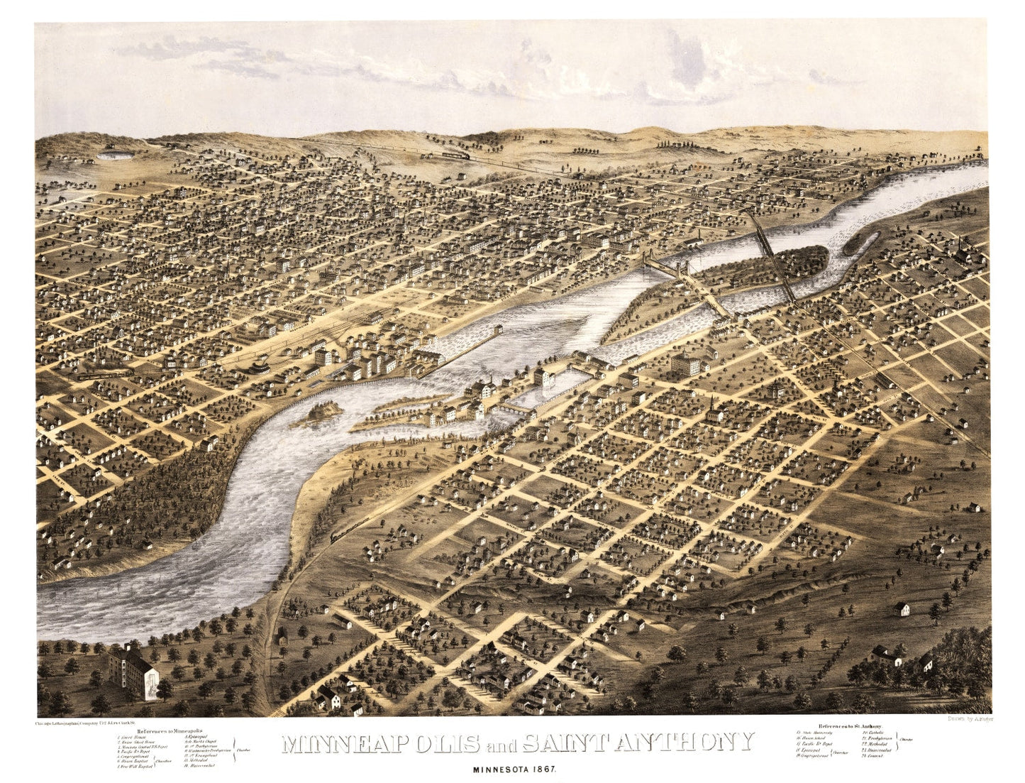 Vintage Map of Minneapolis, Minnesota, 1867