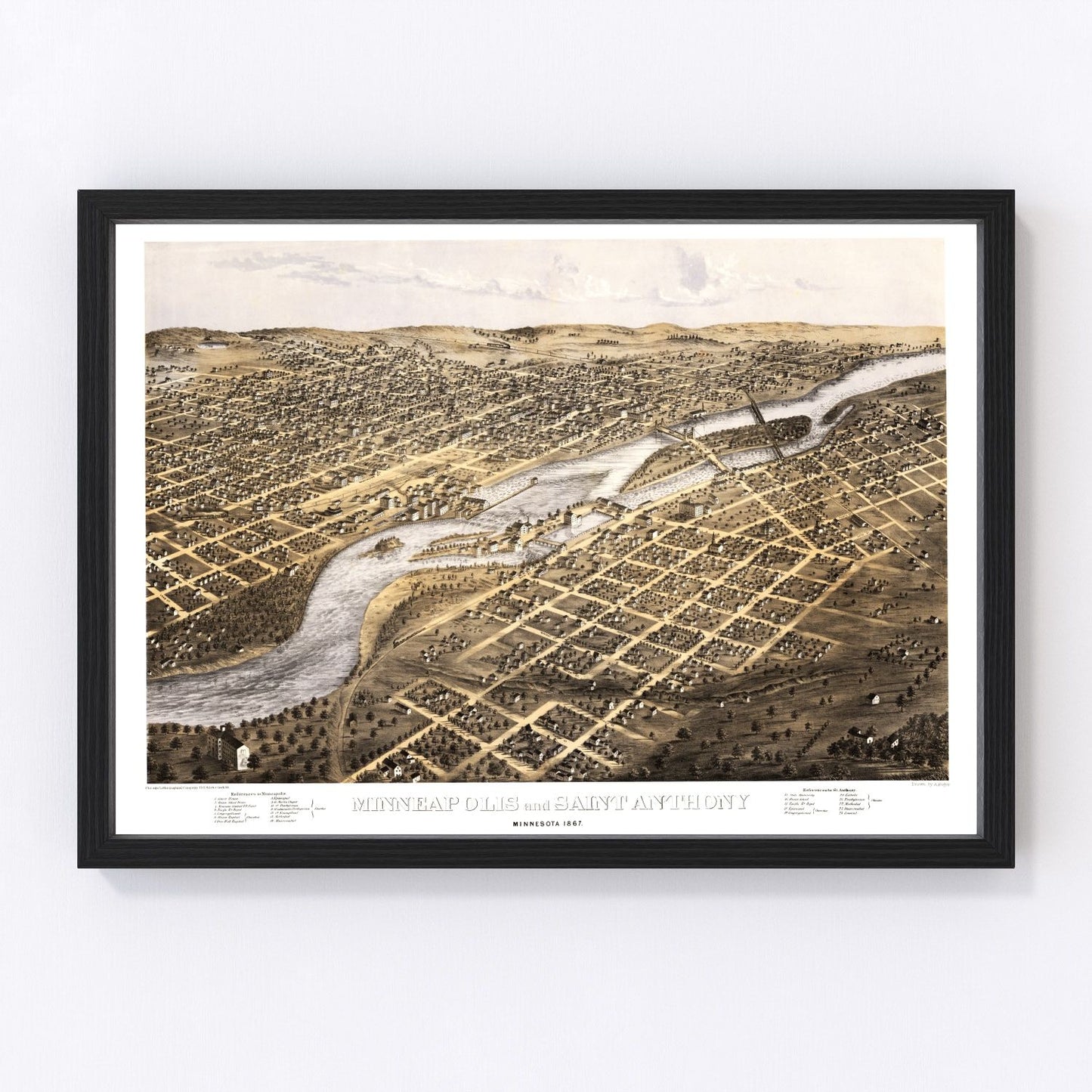 vintage map of Minneapolis, Minnesota, 1867