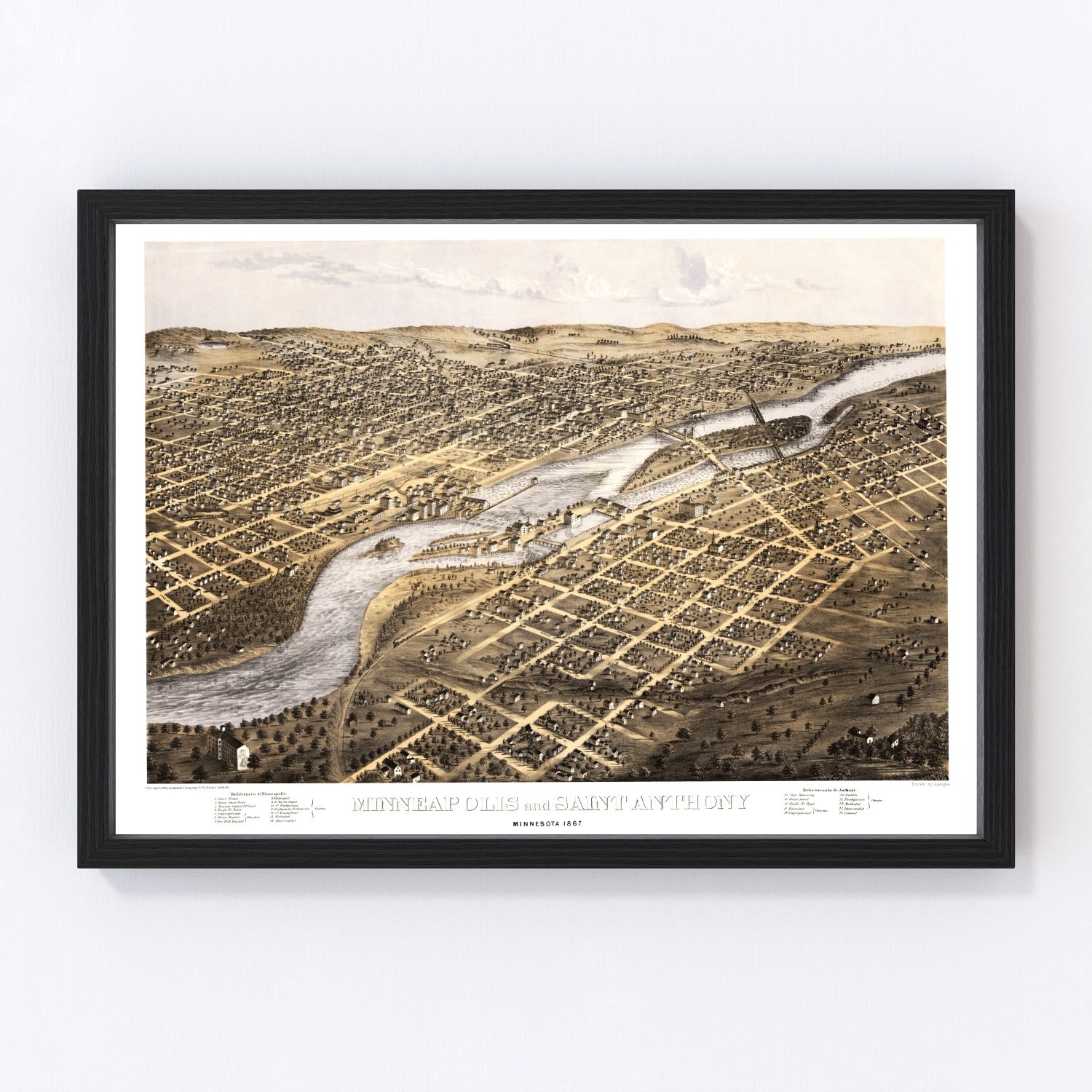 vintage map of Minneapolis, Minnesota, 1867