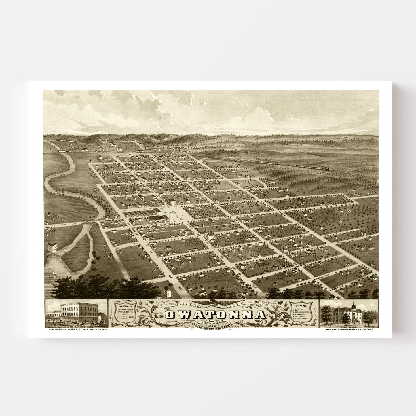 Vintage Map of Owatonna, Minnesota, 1870