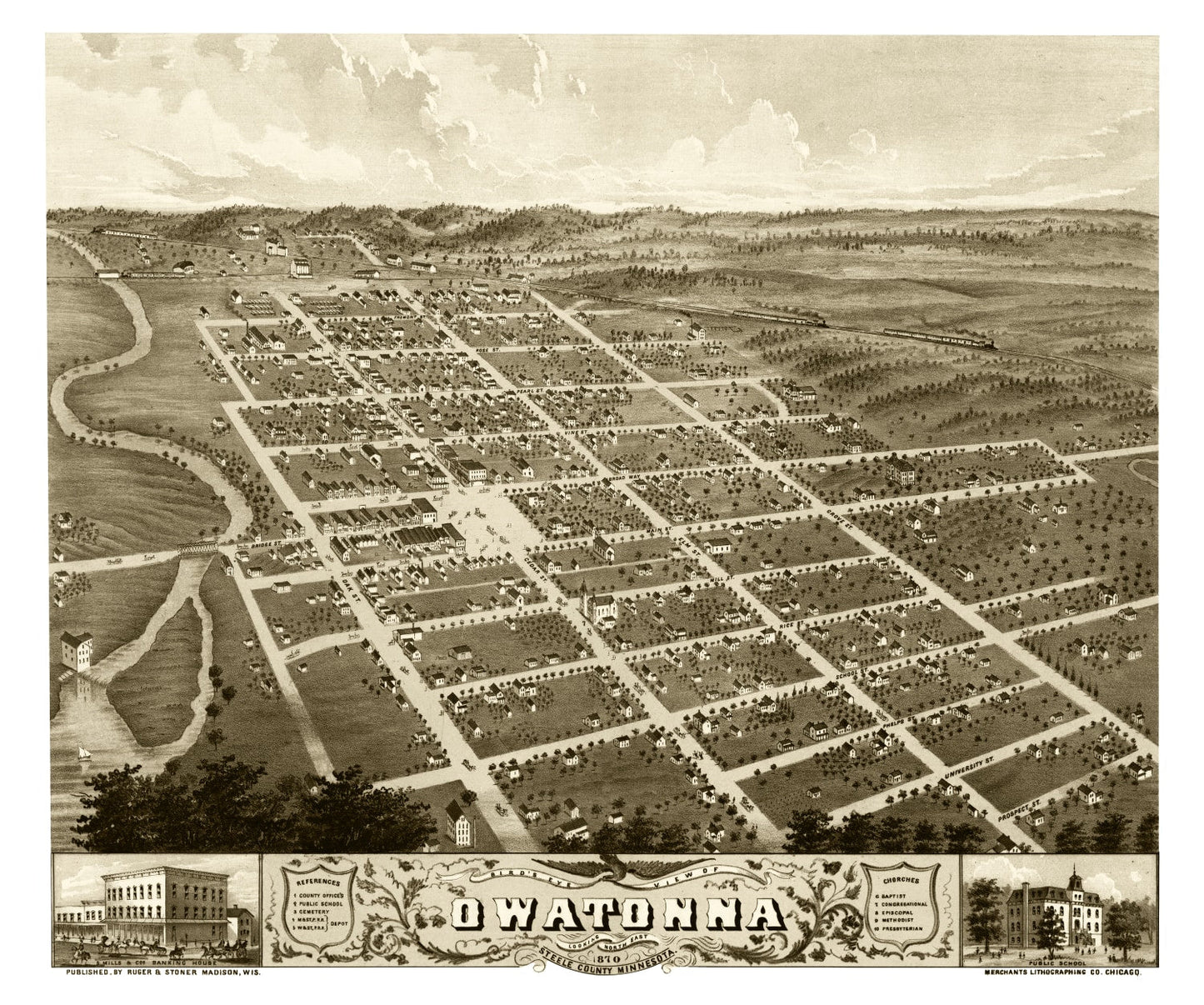 Vintage Map of Owatonna, Minnesota, 1870