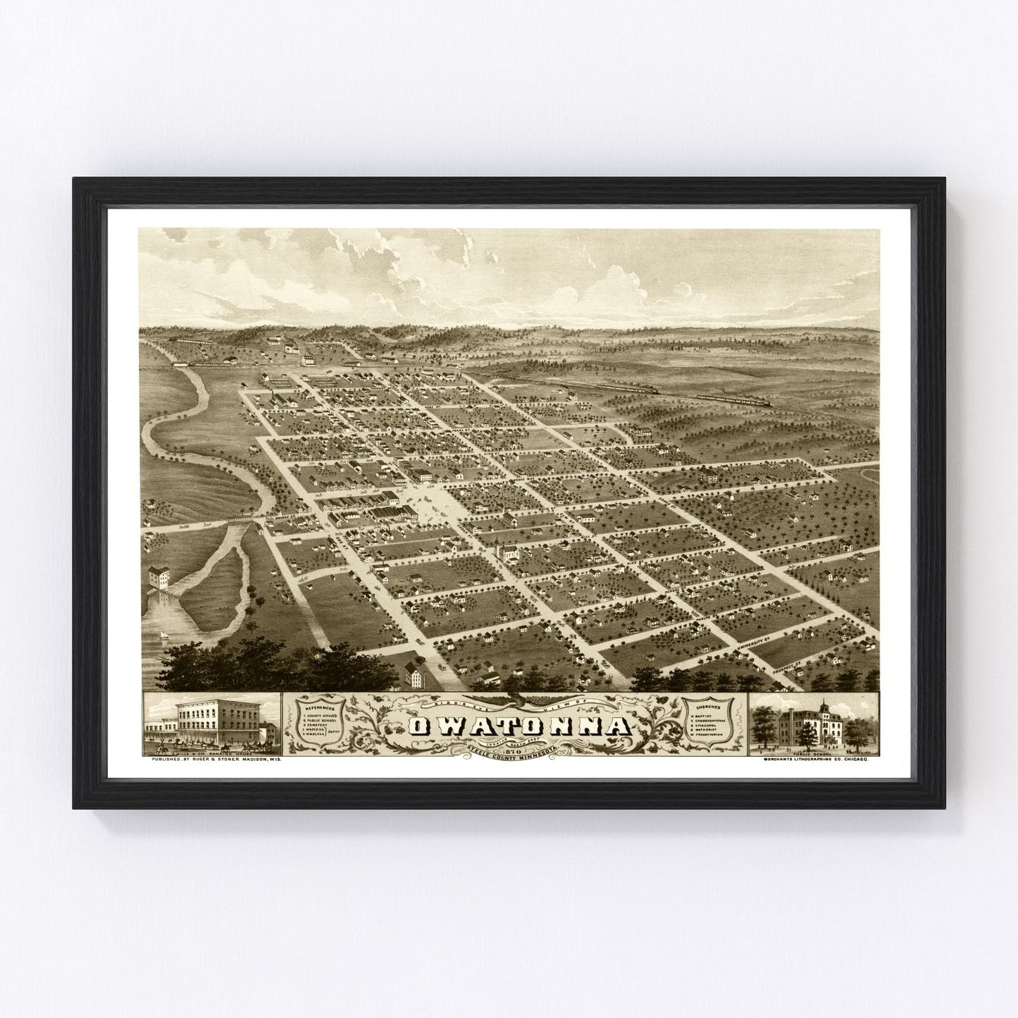 Vintage map of Owatonna, Minnesota, 1870
