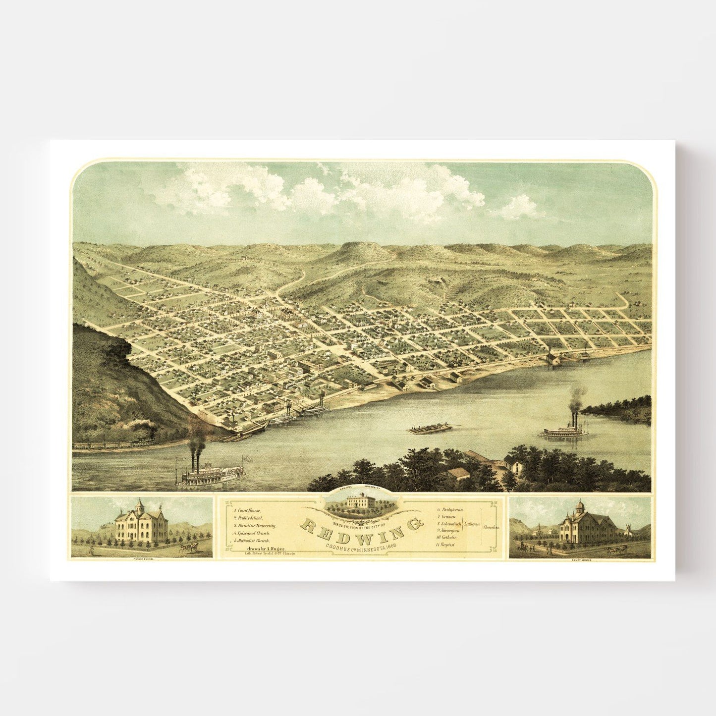 Vintage Map of Red Wing, Minnesota, 1868