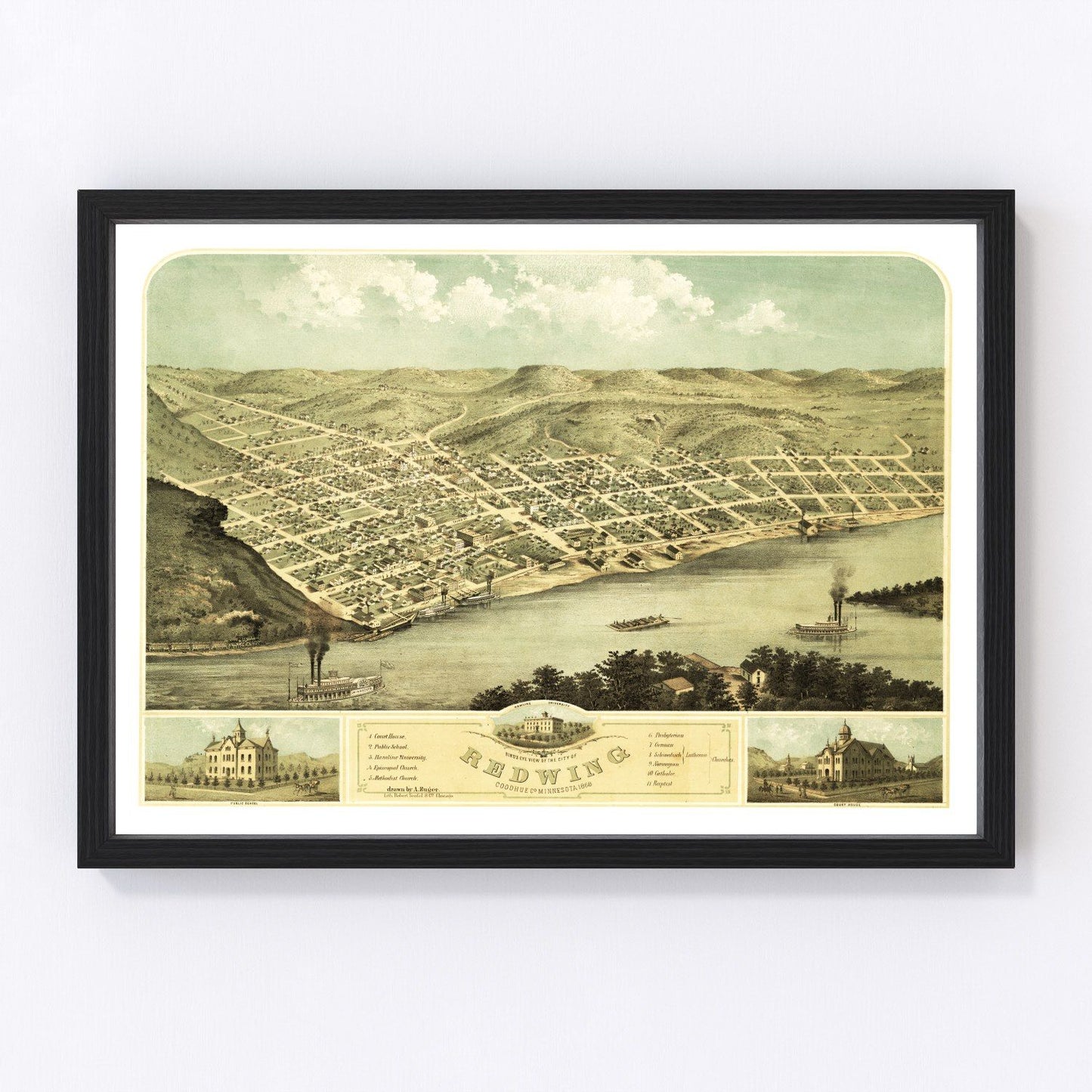 Vintage map of Red Wing, Minnesota, 1868