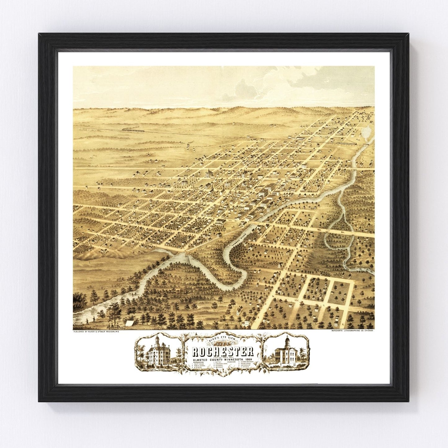 Vintage map of Rochester, Minnesota, 1869