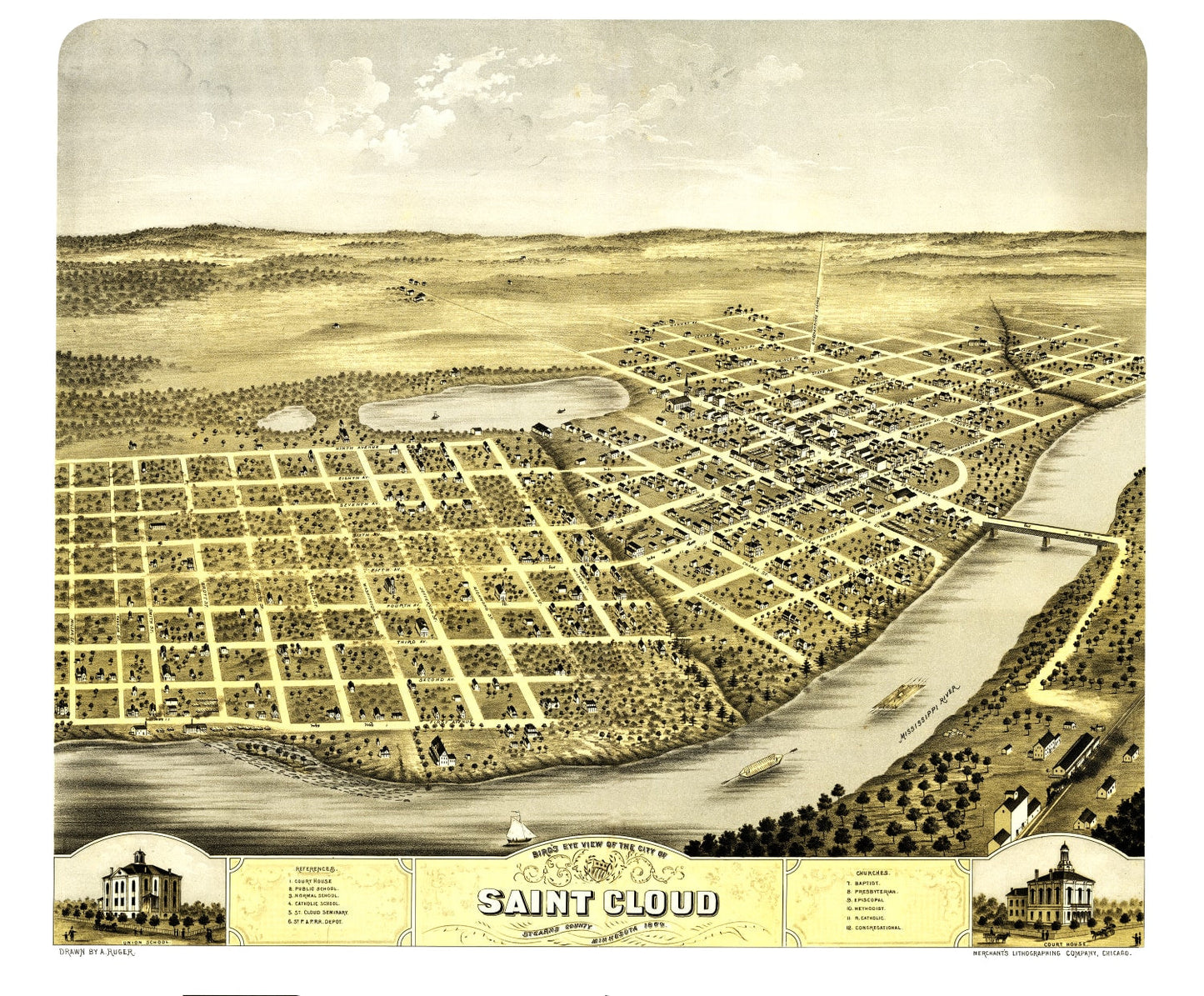 Vintage Map of St. Cloud, Minnesota, 1869