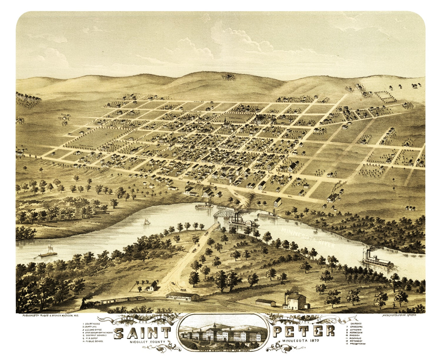 Vintage Map of Saint Peter, Minnesota, 1870