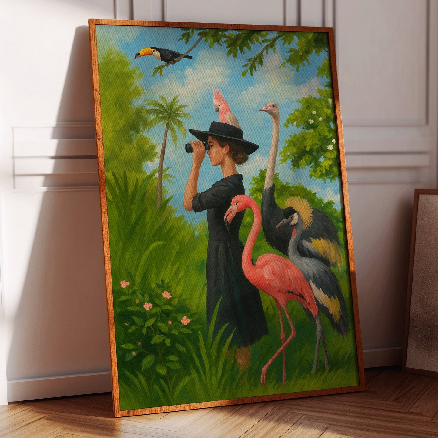 The Birdwatcher's Parade surreal jungle art with a woman and tropical birds