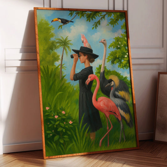 The Birdwatcher's Parade surreal jungle art with a woman and tropical birds