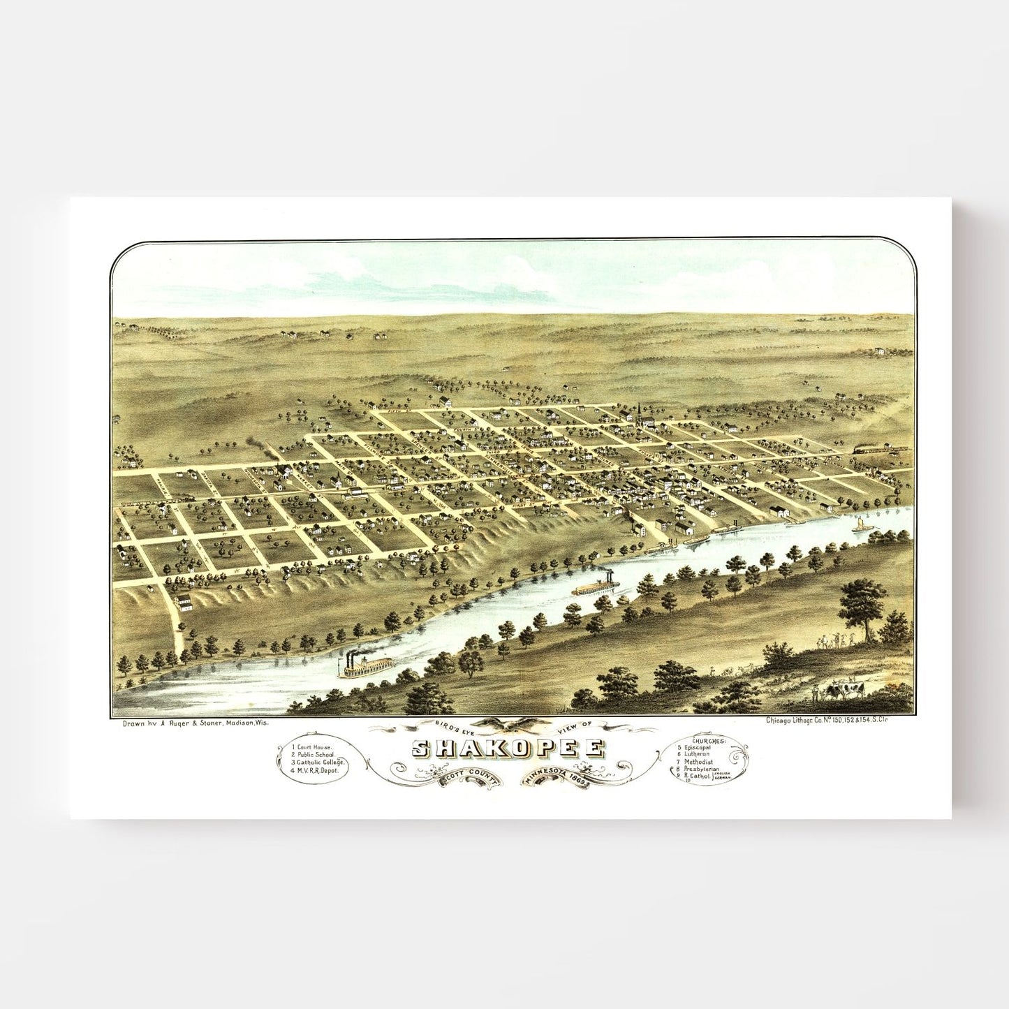 Vintage Map of Shakopee, Minnesota, 1869