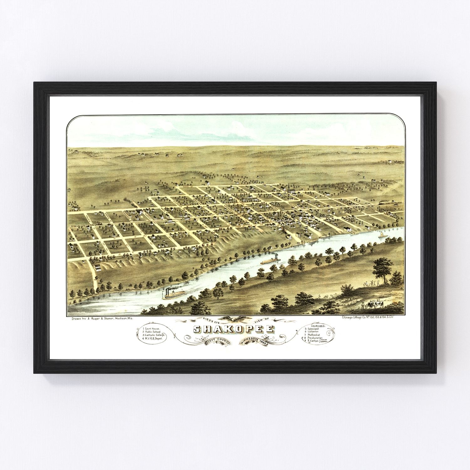 Vintage map of Shakopee, Minnesota, 1869