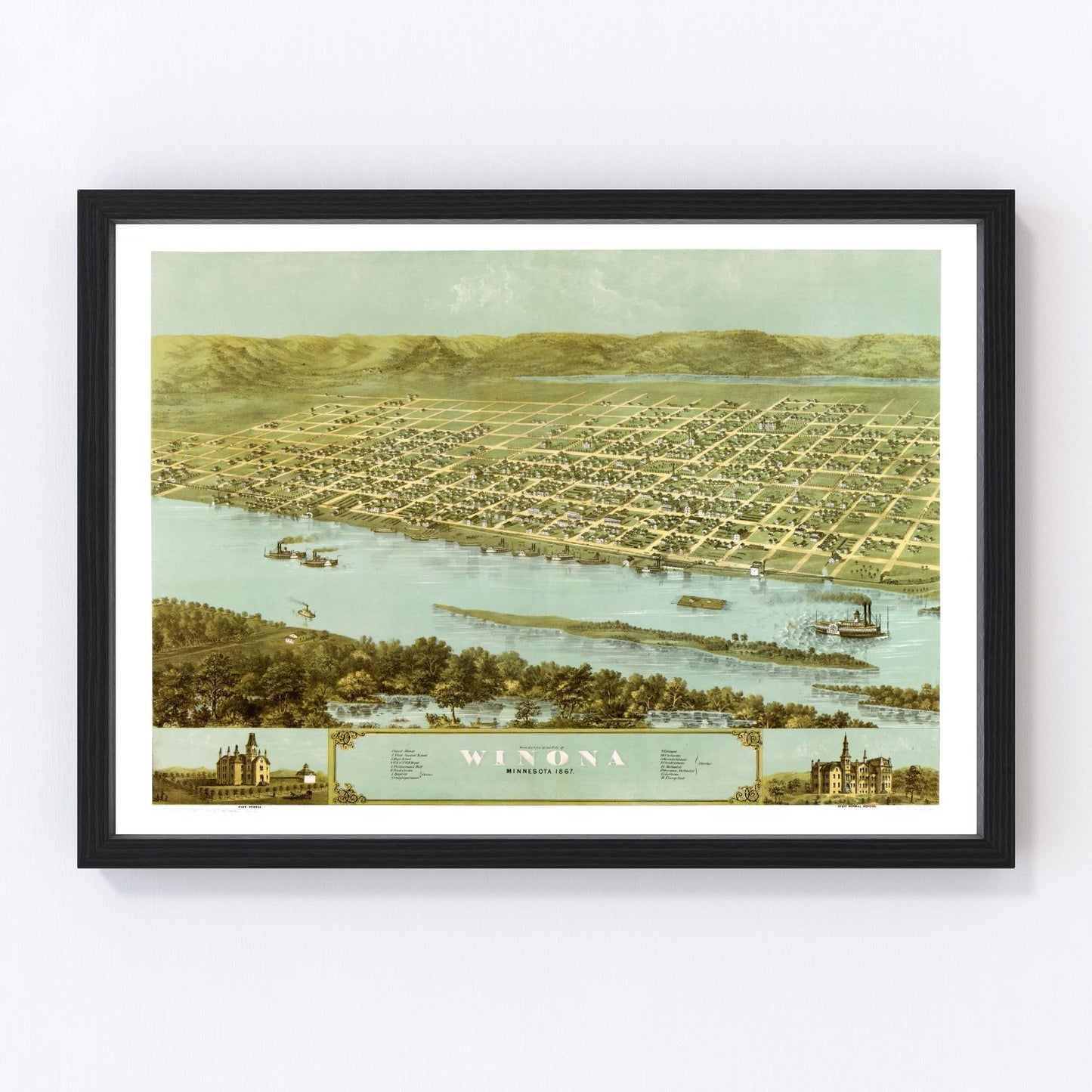 Vintage map of Winona, Minnesota, 1867, digitally restored print