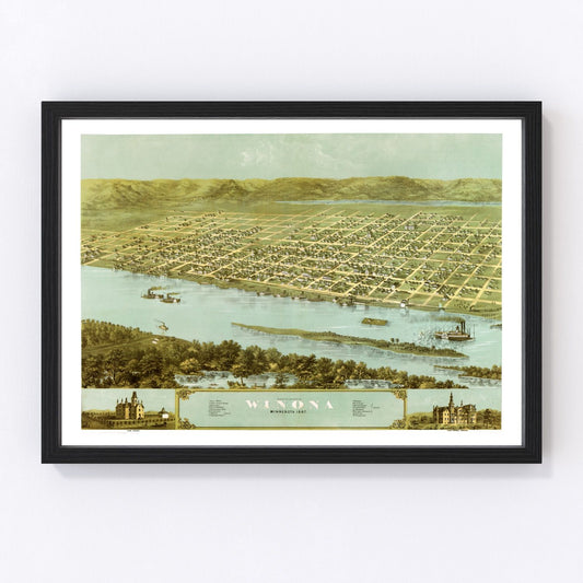 Vintage map of Winona, Minnesota, 1867, digitally restored print