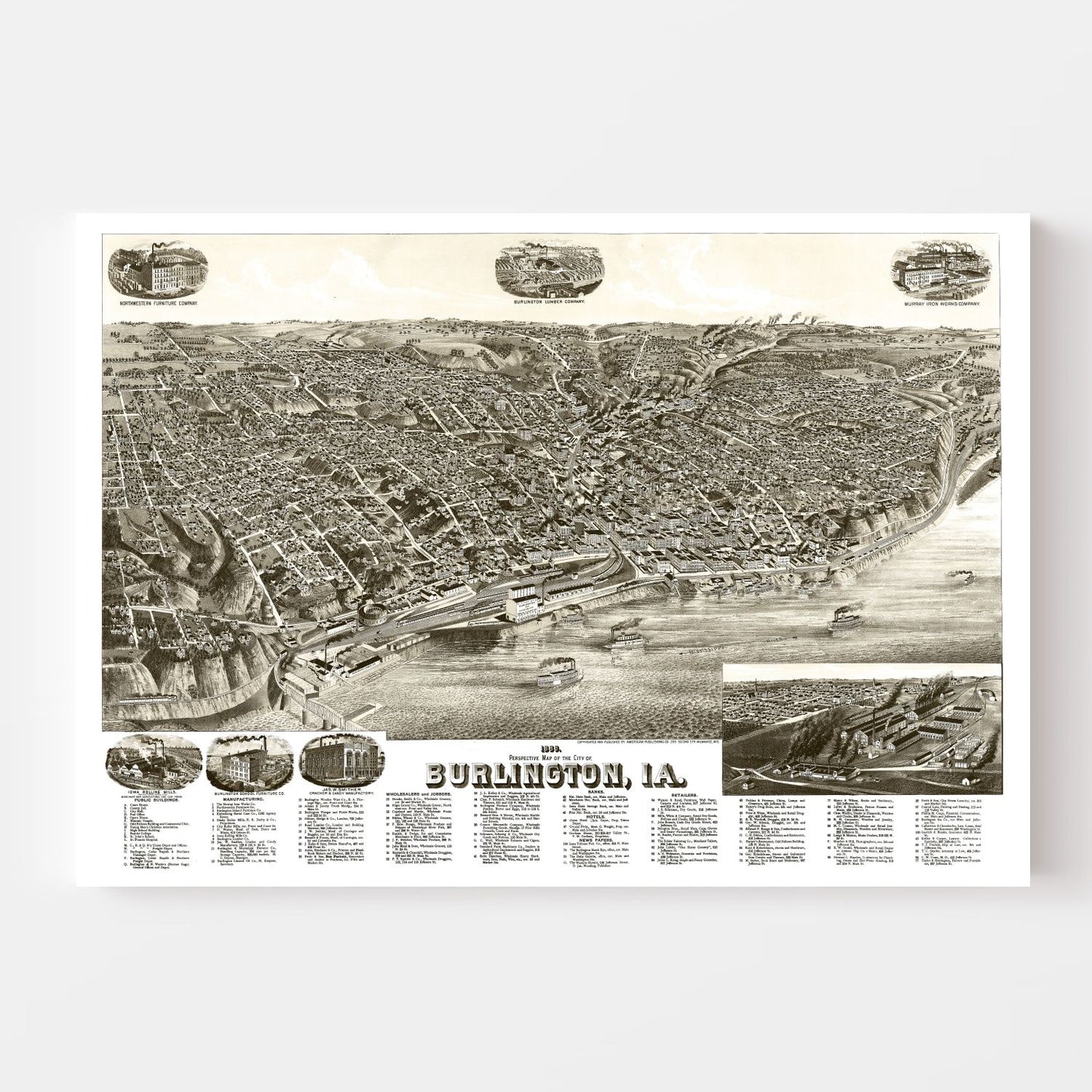 Vintage Map of Burlington, Iowa, 1889 | Wall Art