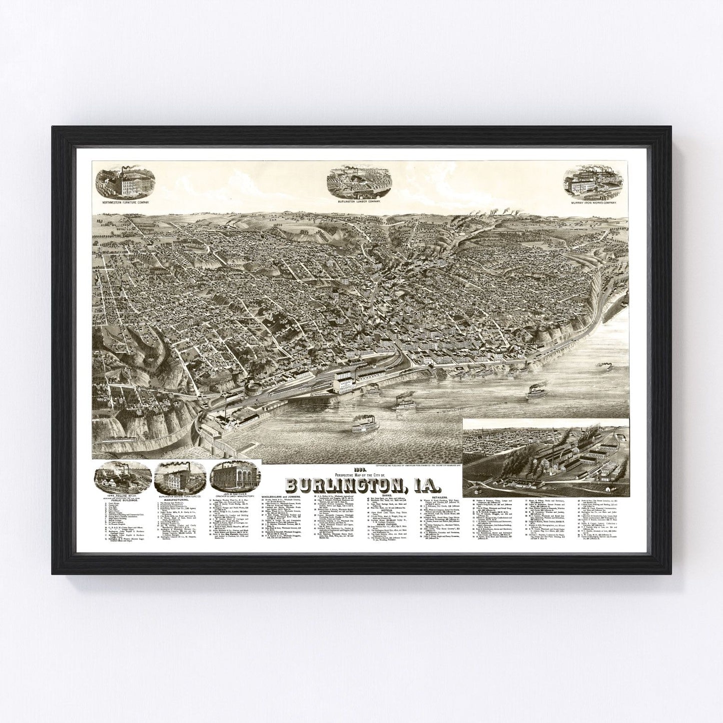 Vintage map of Burlington, Iowa, 1889, Des Moines County restored print