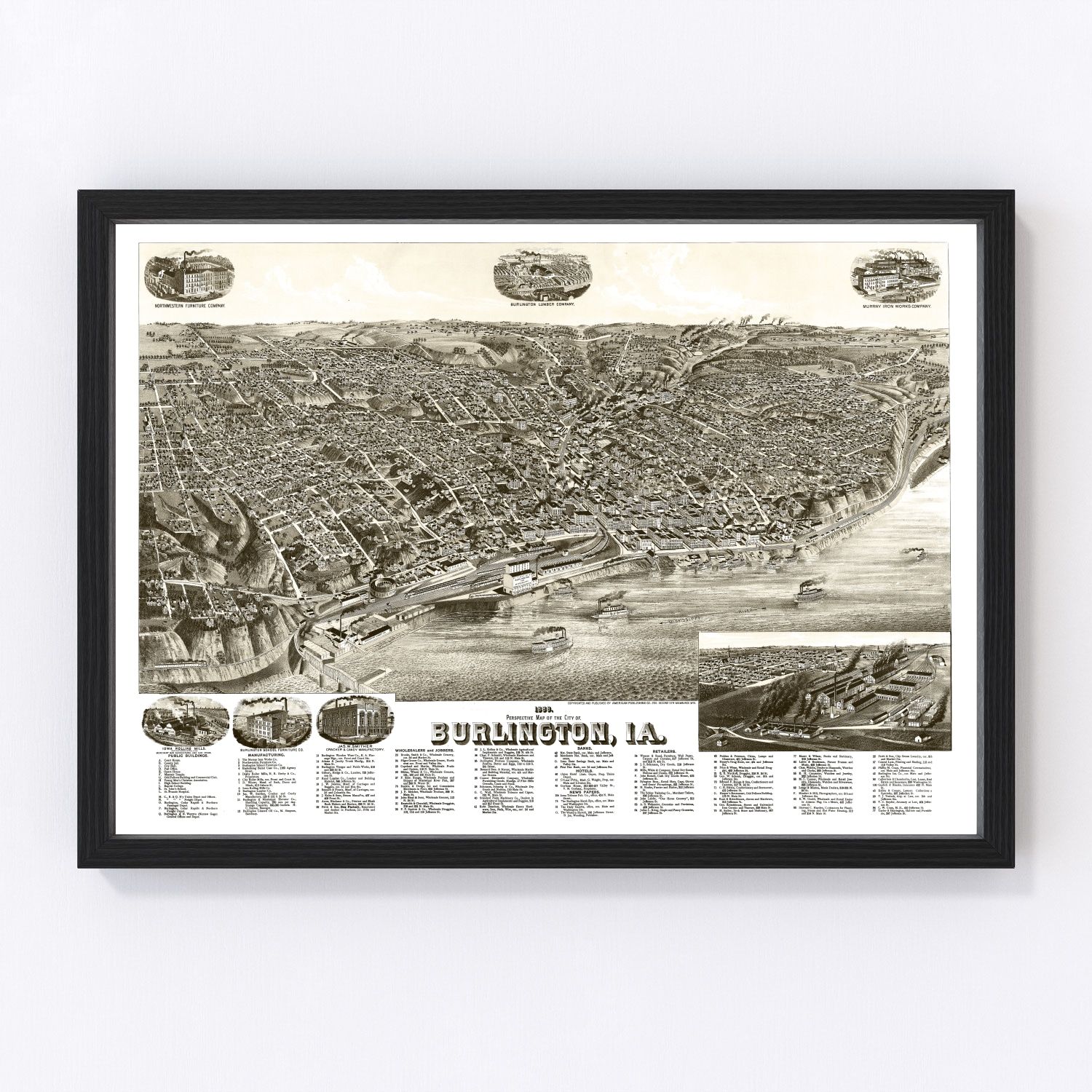 Vintage map of Burlington, Iowa, 1889, Des Moines County restored print