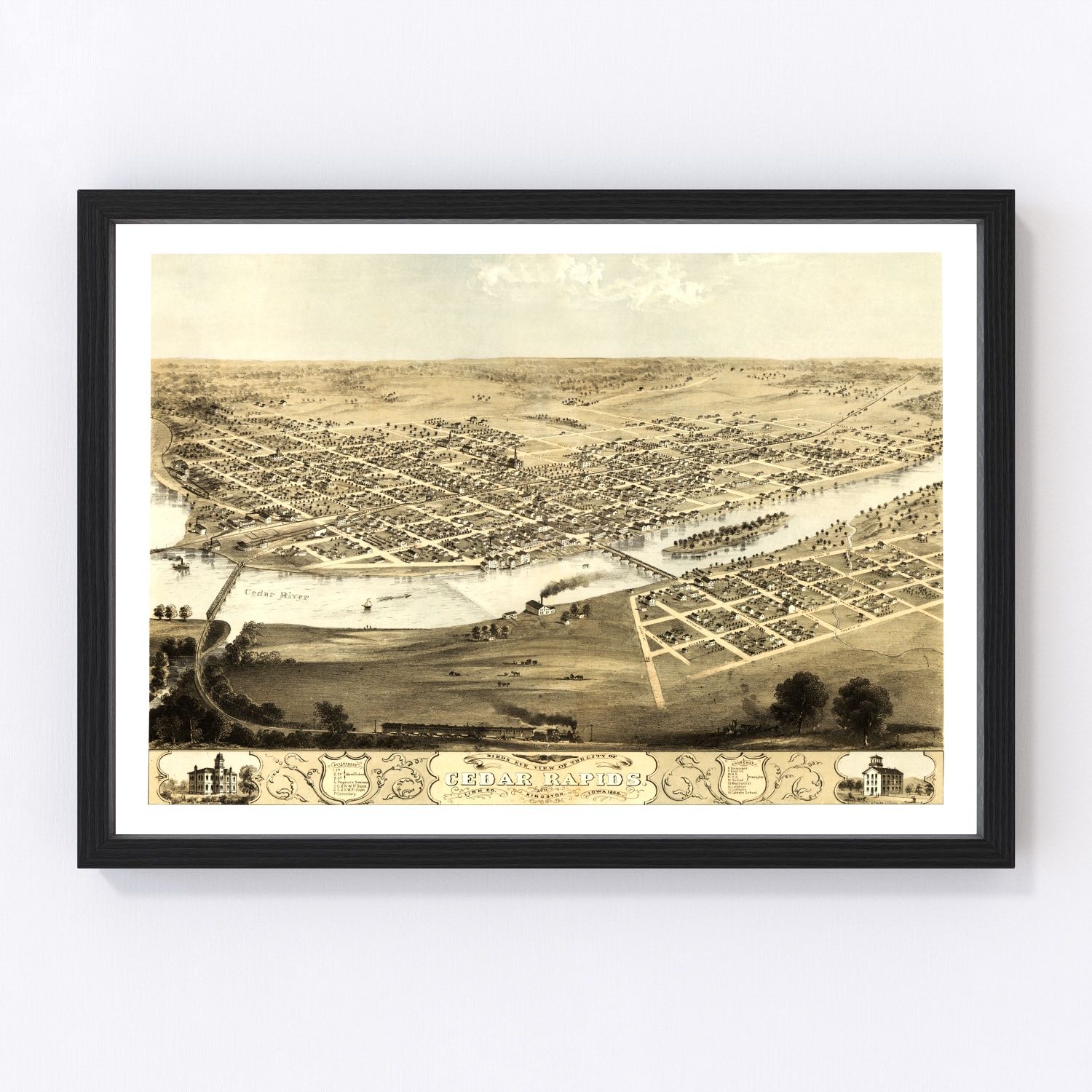 Vintage map of Cedar Rapids, Iowa, 1868, restored vintage wall art print