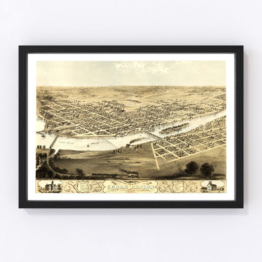 Vintage map of Cedar Rapids, Iowa, 1868, restored vintage wall art print
