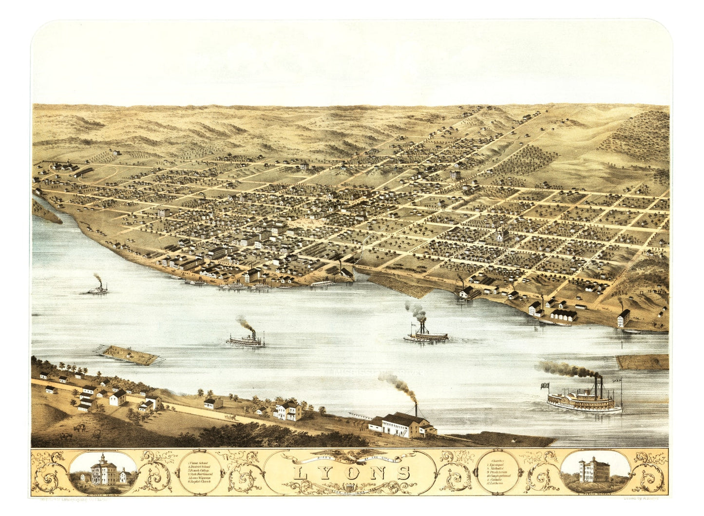 Vintage Map of Lyons, Iowa, 1868