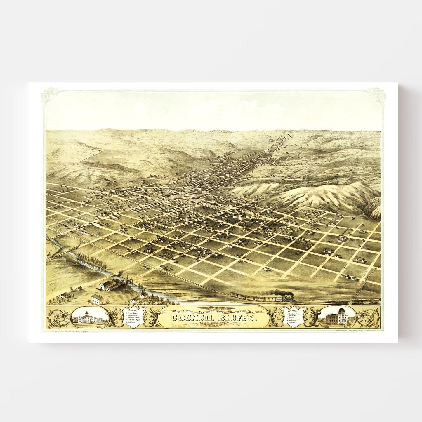 Vintage Map of Council Bluffs, Iowa 1868