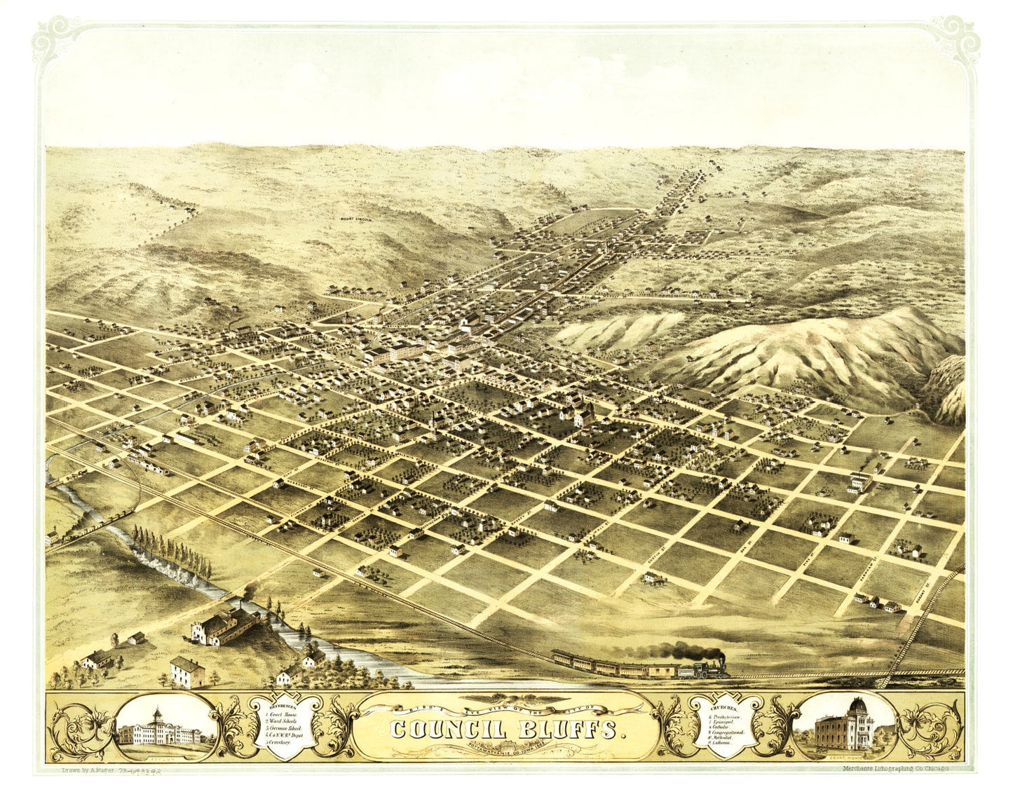 Vintage Map of Council Bluffs, Iowa 1868
