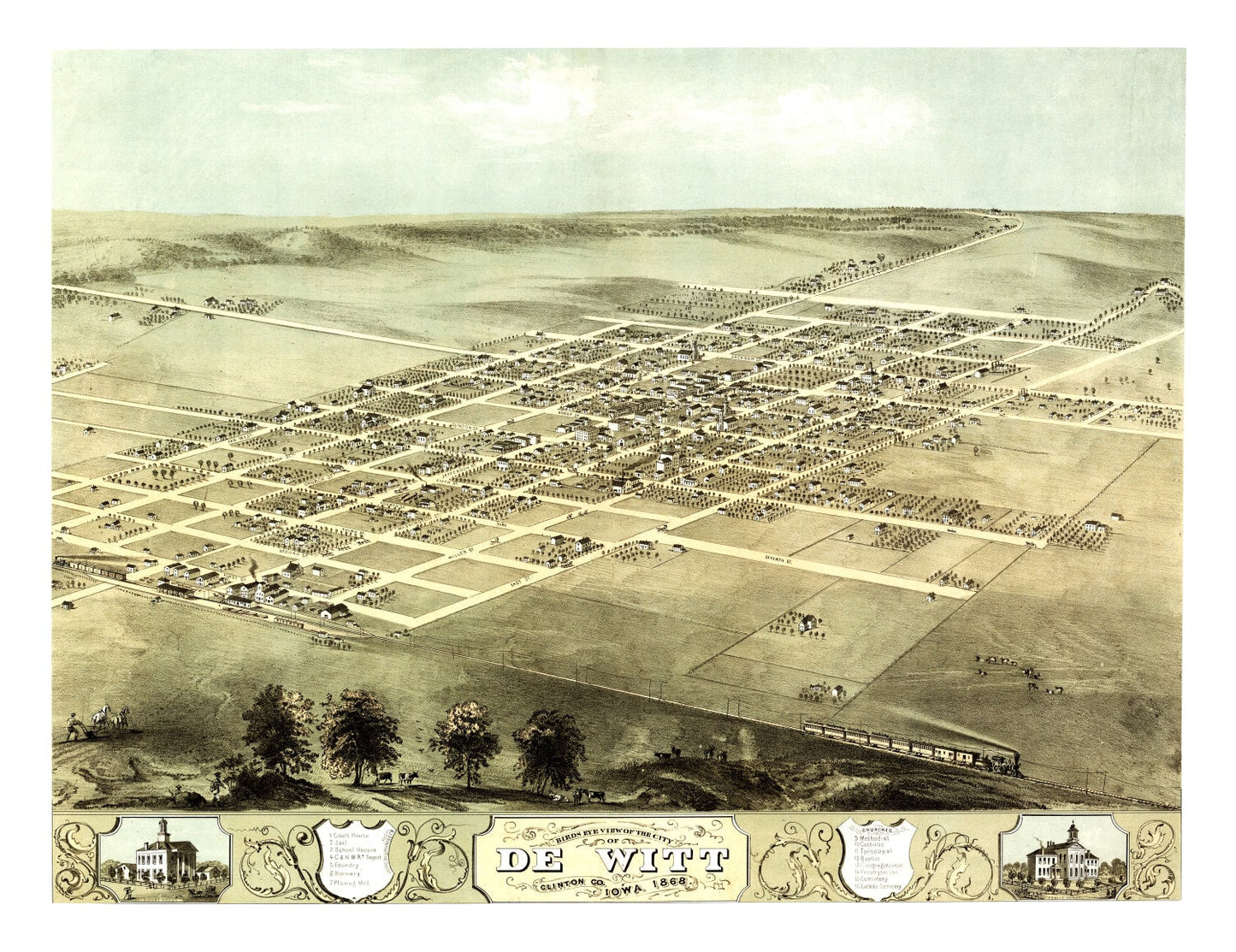 Vintage Map of De Witt, Iowa, 1868