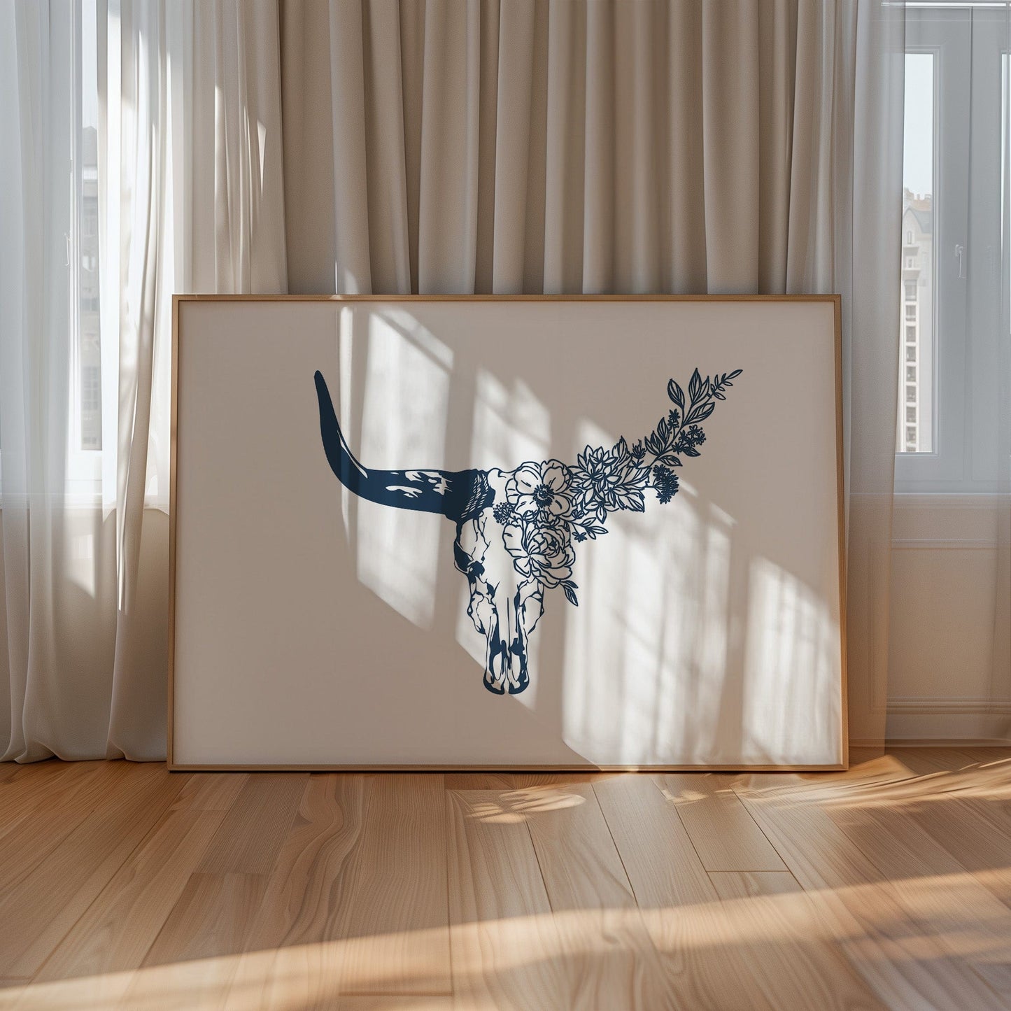 Floral Longhorn Skull Wall Art - Western Boho Print