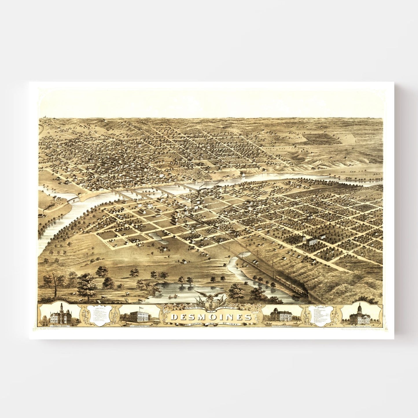 Vintage Map of Des Moines, Iowa 1868