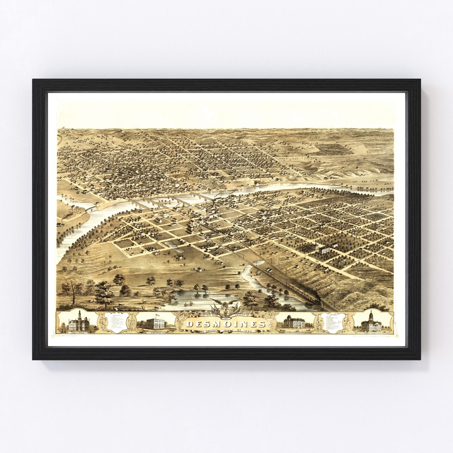 Vintage restored map of Des Moines, Iowa, 1868, post-Civil War state capital cartography