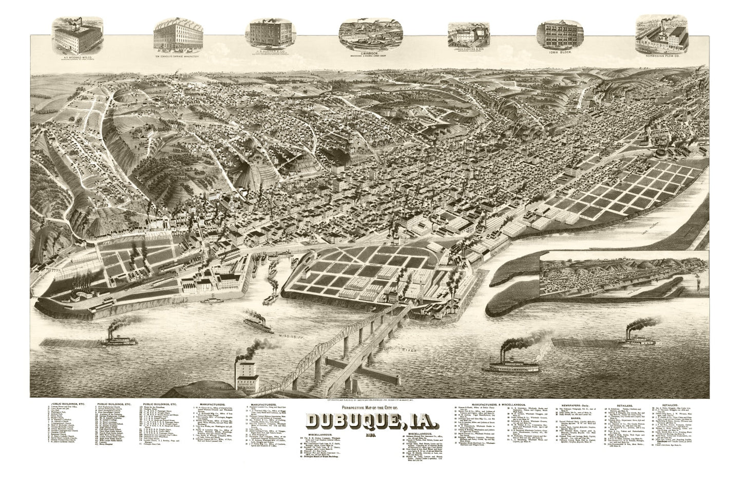 Vintage Map of Dubuque, Iowa, 1889