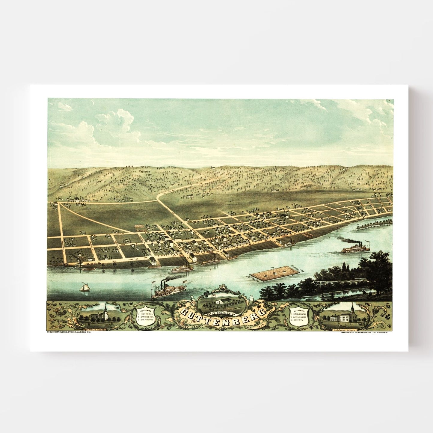 Vintage Map of Guttenberg, Iowa, 1869
