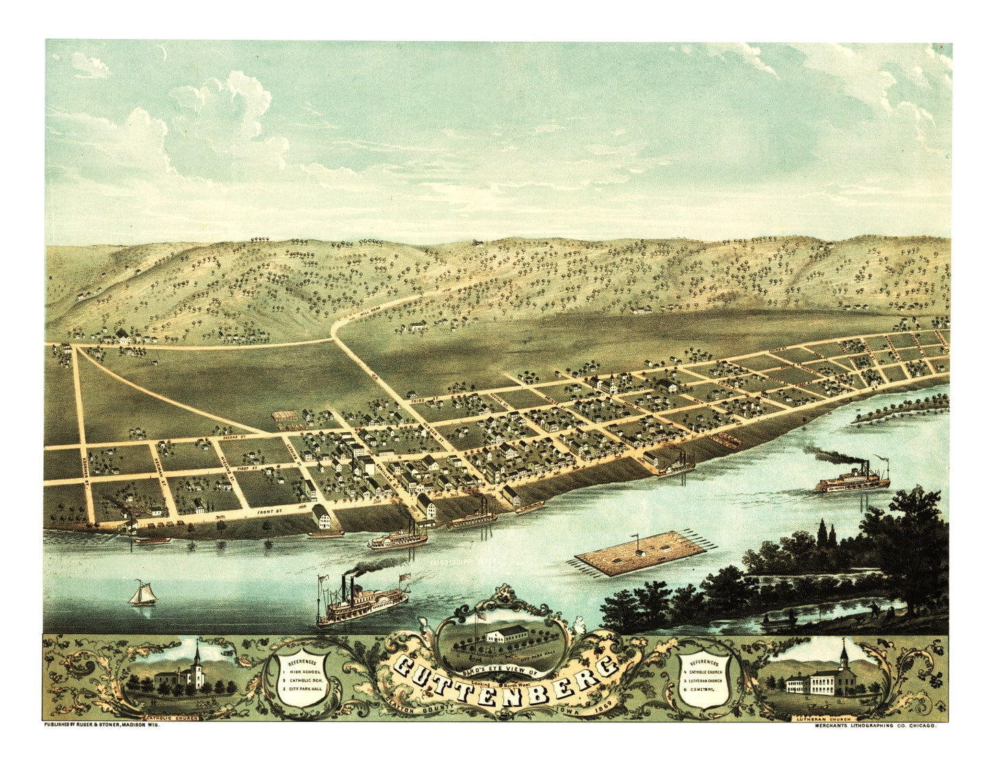 Vintage Map of Guttenberg, Iowa, 1869