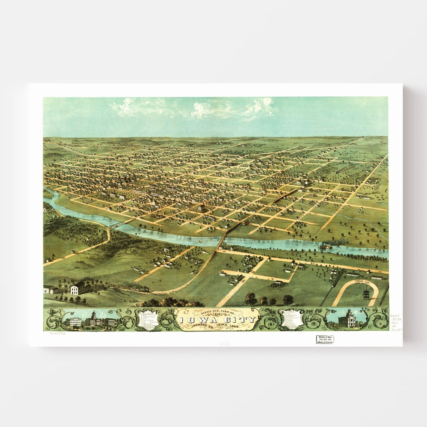 Vintage Map of Iowa City, Iowa, 1868