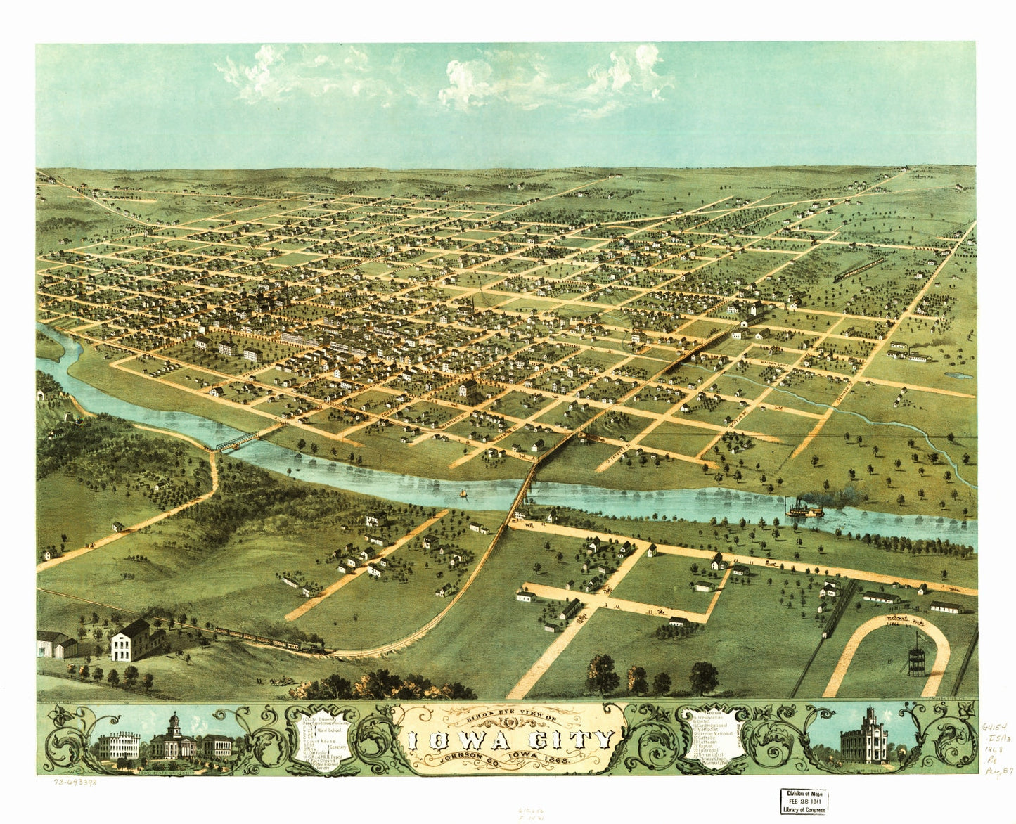 Vintage Map of Iowa City, Iowa, 1868
