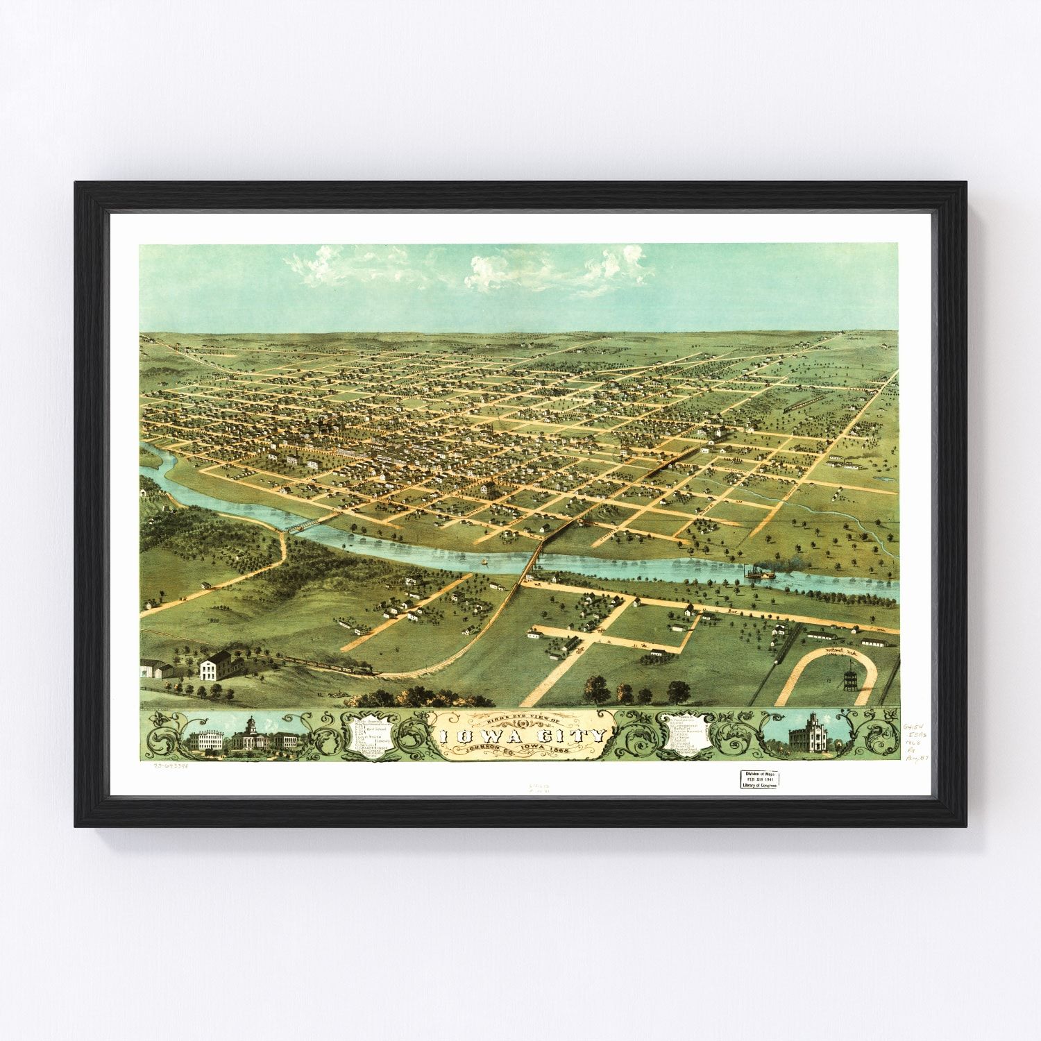 Vintage map of Iowa City, Iowa, 1868